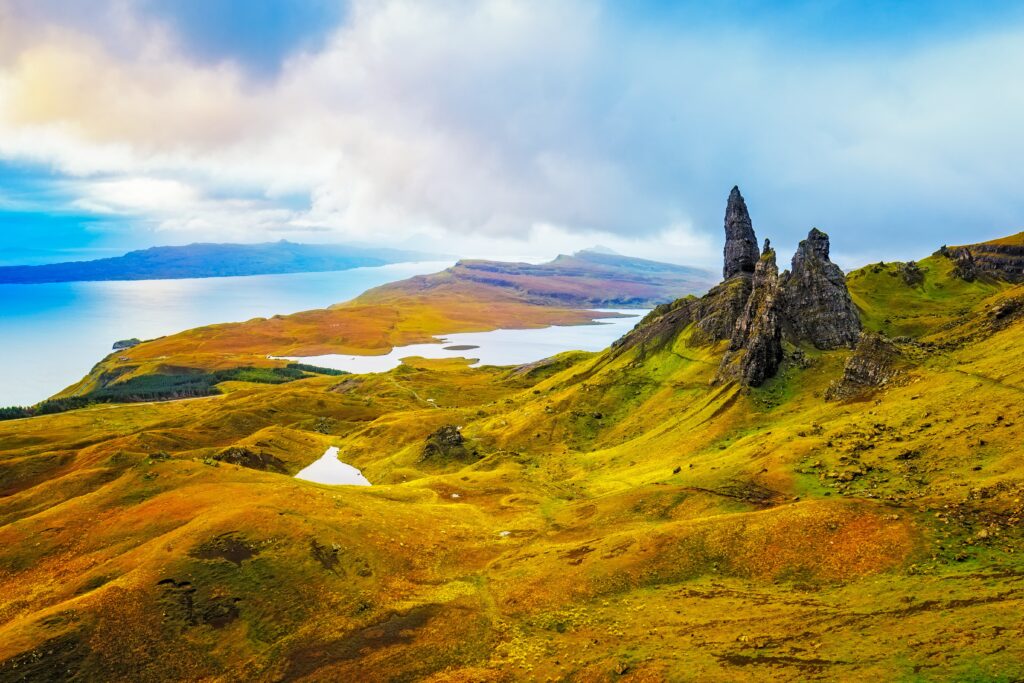 View towards the Old Man of Storr and the surrounding scenery